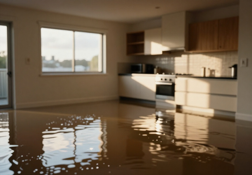 Flood-damaged kitchen in South Turramurra before cleanup